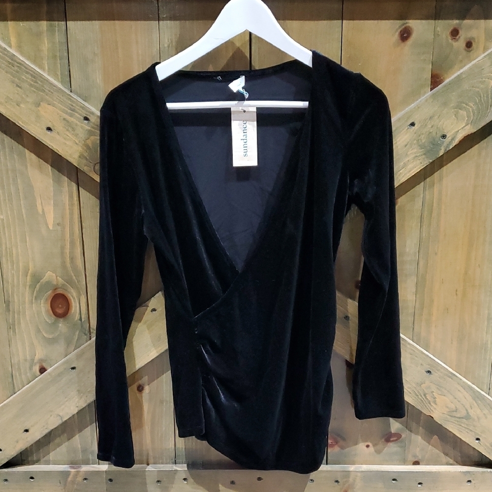 Sundance Black V-Neck Blouse Velvet Stretch Dressy Long Sleeve Whimsy Formal